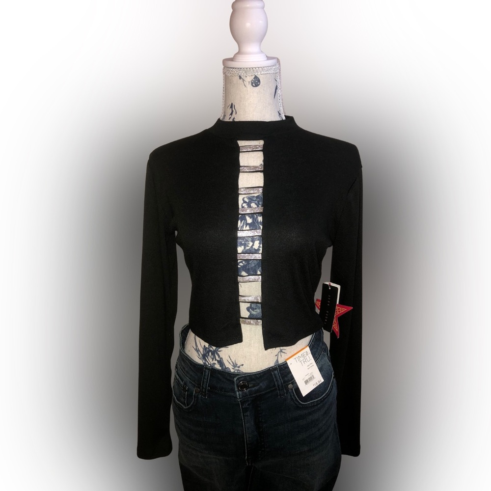 NWT Faded Rose Black Knit Crop Top Blouse w/ Rhinestone Detail | Size S